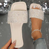 Women's Summer Beach Slippers, Rhinestones, Casual Fashion Slippers, Square Open Toe Flat Sandals, Indoor And Outdoor