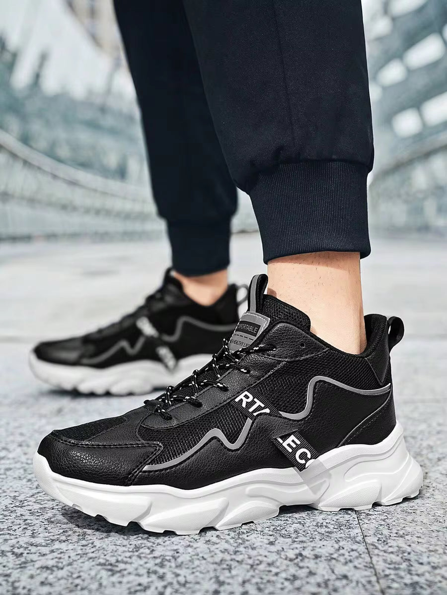 Men's Black And White Sneakers With Wave Design Sole And Elastic Laces For Urban Lifestyle